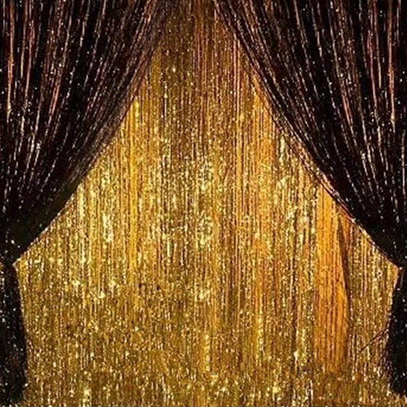 2PCS 3' X 8' Black and Gold Metallic Tinsel Foil Fringe Curtain Backdrop for 2023 New Years Eve  Halloween Party  Graduation Decoration